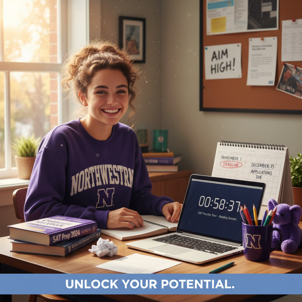 Photo Idea : A bright, candid photo of a high school student studying at a desk with Northwestern swag visible—books, a laptop displaying a practice SAT timer, and a calendar showing application deadlines.