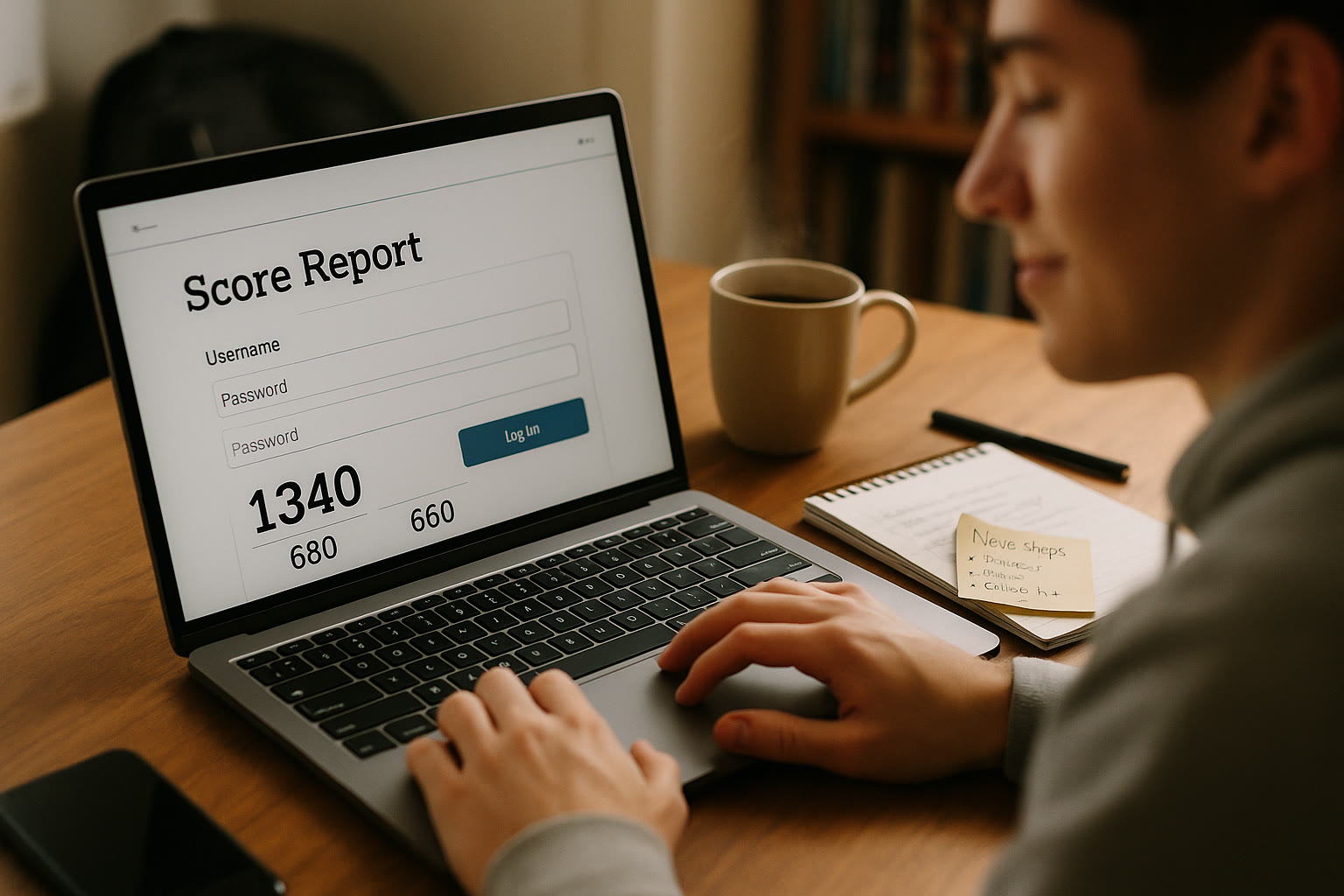 Photo Idea : A close-up of a student logging into their digital SAT score report on a laptop, relaxed, with notes and a cup of coffee beside them—captures the moment of receiving scores and planning next steps.