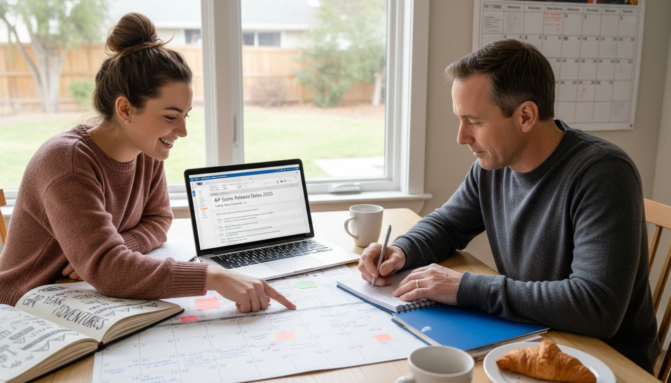 Photo Idea : A parent and student at a kitchen table, notebooks and a laptop open, planning a gap year calendar and AP score deadlines together — emphasizing family collaboration in planning.