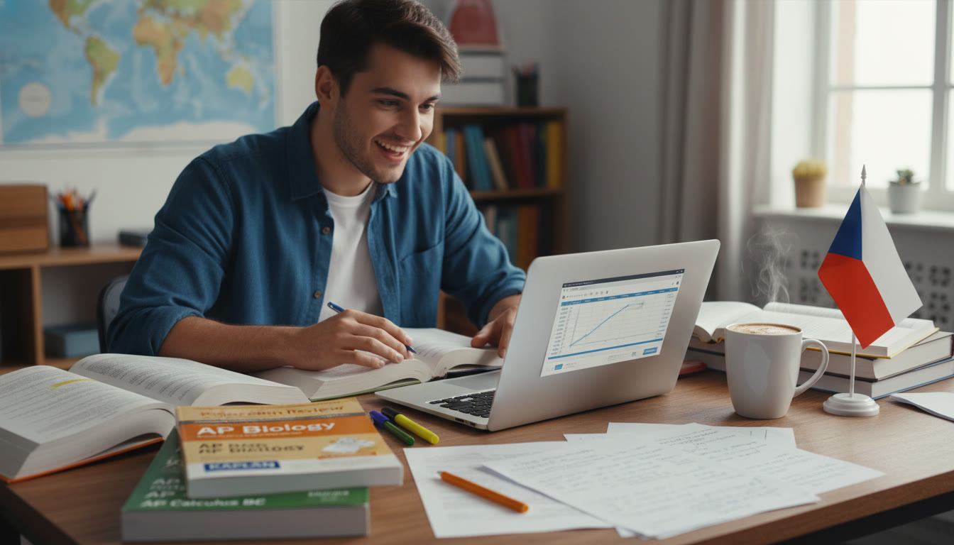 Photo Idea : A focused image of a student studying at a laptop with open textbooks and AP practice books, a cup of coffee, and a small Czech flag on the desk — illustrating planning and international aspiration.