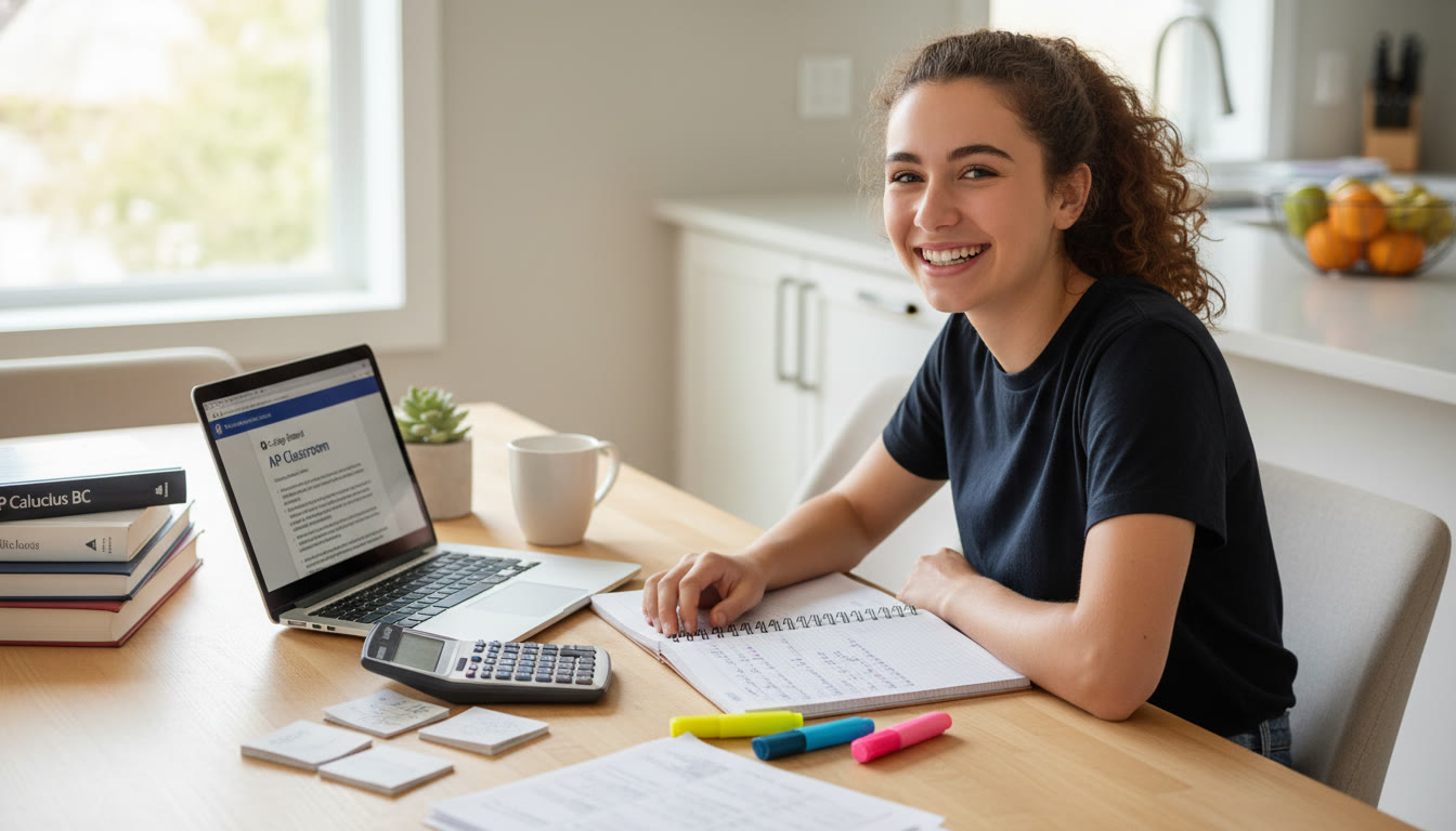 Photo Idea : A neat photo of an AP student at a kitchen table with a graphing calculator, notebook, highlighters and a laptop, showing an organized study setup and natural daylight.