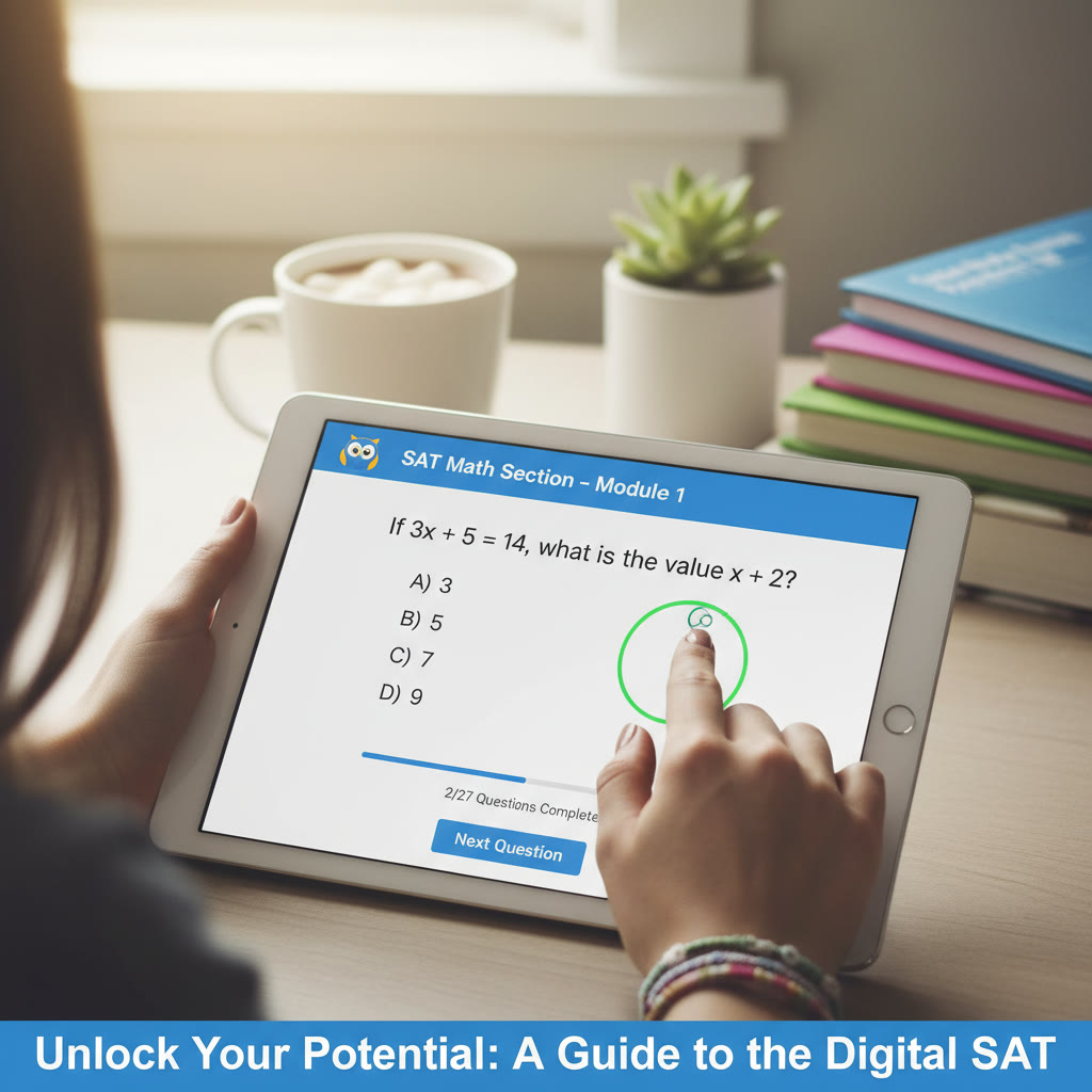 Photo Idea : Close-up of a tablet screen showing a digital SAT problem with the student’s hands in frame, illustrating interaction with the test interface.