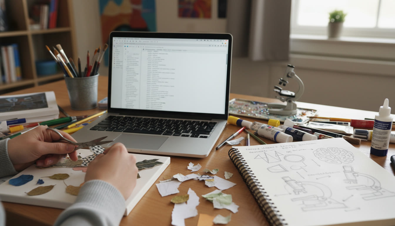 Photo Idea : A close-up of a student’s hands manipulating mixed-media materials beside a laptop displaying interview transcripts and a notebook with sketches—illustrating the intersection of inquiry and making near the end of the article.