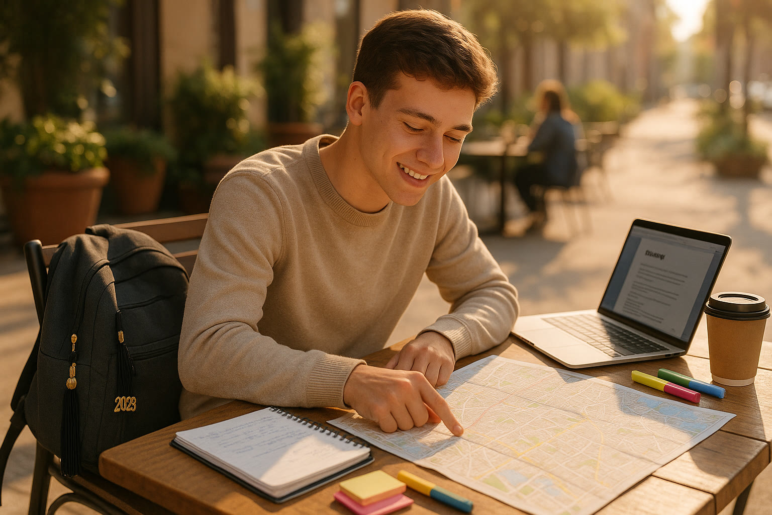 Photo Idea : A bright, sunlit scene of a recent high school grad with a backpack, laptop, and notebook sitting at a cafe table planning on a map — conveys optimism, planning, and study.