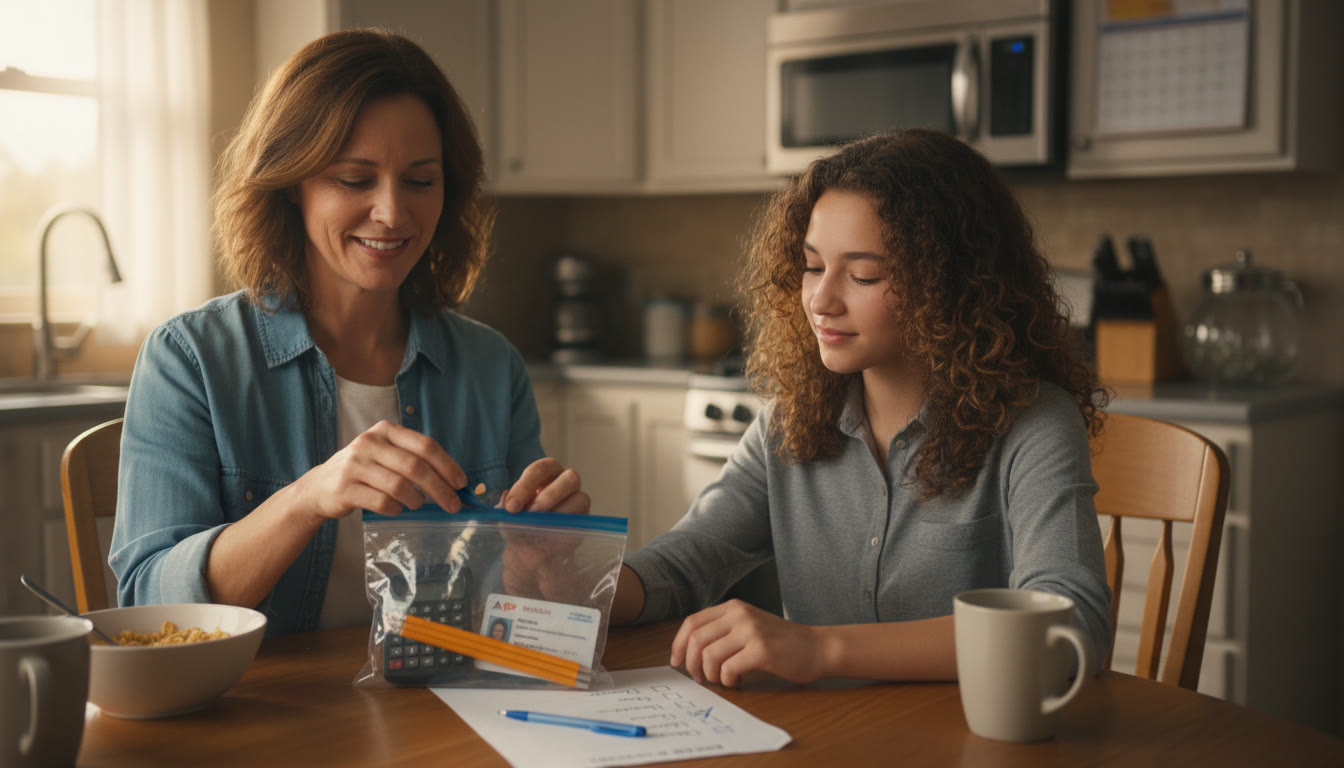 Photo Idea : A parent and teen at a kitchen table packing a clear zip bag with pencils, ID, and a calculator. Natural morning light, relaxed expressions, checklist on the table.