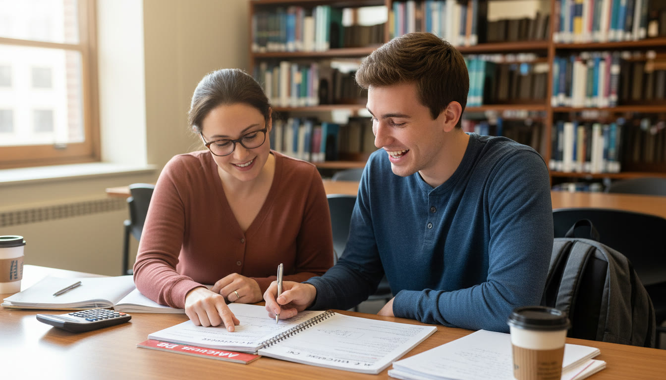 Photo Idea : A student and a tutor sitting together reviewing a practice test, pointing at a section and smiling, illustrating personalized guidance and constructive debriefing.