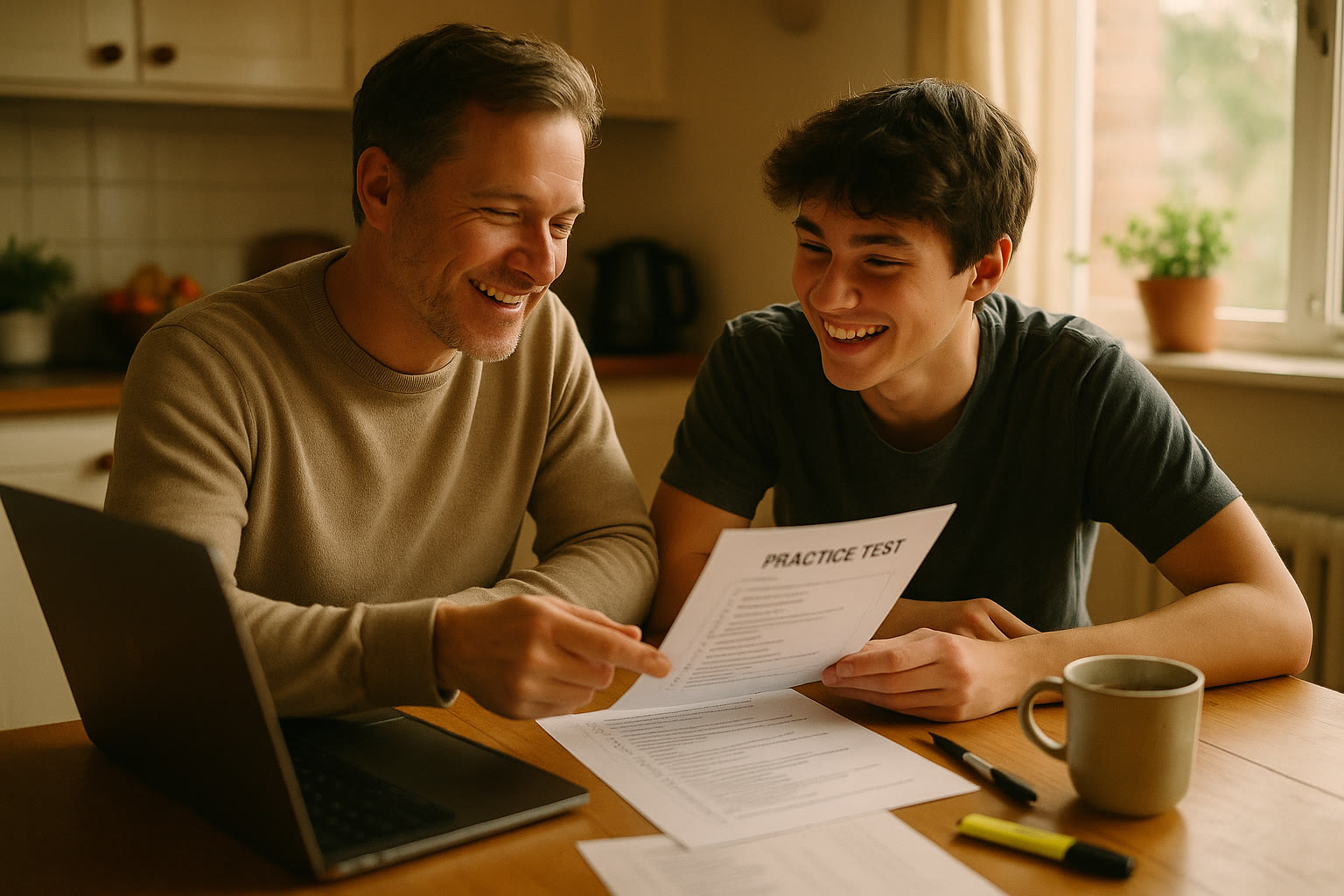 Photo Idea : A warm, candid photo of a student and a parent sitting at a kitchen table with a laptop and practice test papers, talking and smiling while a cup of tea steams nearby.
