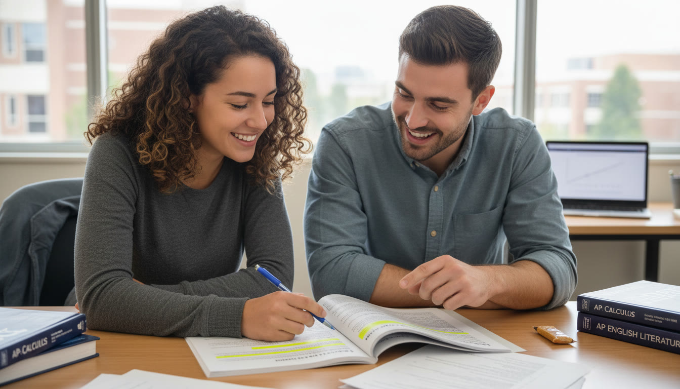 Photo Idea : A student and a tutor reviewing an AP practice exam page together, pointing to a highlighted error; the scene conveys collaborative problem solving and focused feedback.