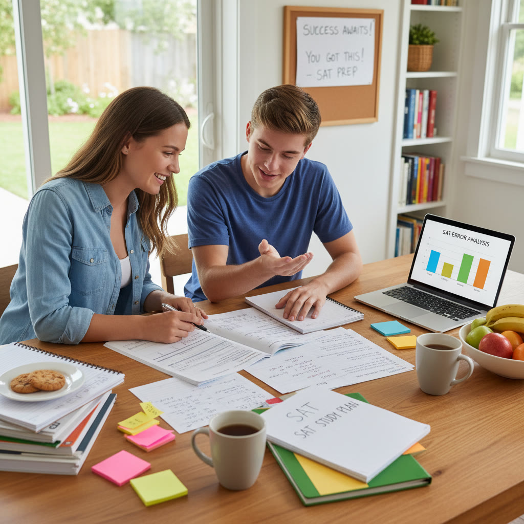 Photo Idea : A tutor and student reviewing an SAT practice test together at a kitchen table, paper notes, a planner, and a laptop showing an error analysis chart.
