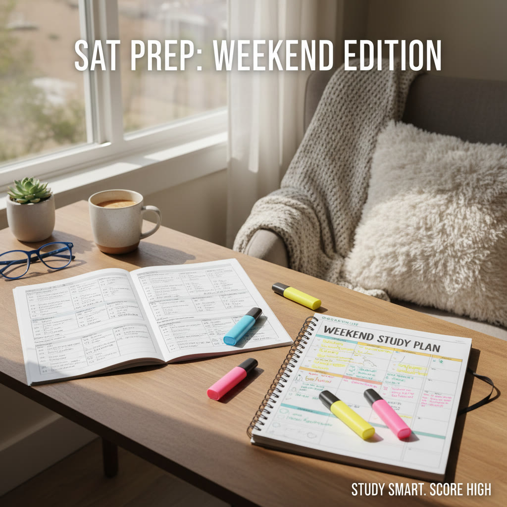 Photo idea: A quiet weekend study setup with a planner, highlighters, and an open practice test—natural light, relaxed atmosphere.