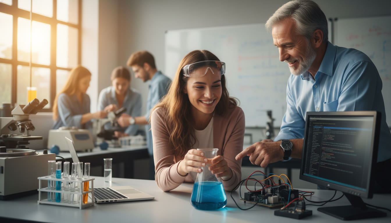 Photo Idea : A candid scene of a student in a campus lab or working with a mentor, showing hands-on research, lab equipment, or a laptop with code — this complements the final advice about using AP placement time for research and real-world projects.