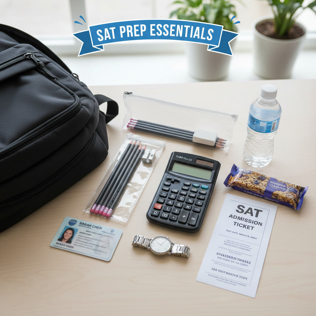 Photo idea: A neatly organized SAT bag laid out on a table — calculator, pencils, ID, watch, snack, and printed admission ticket arranged like a flat lay.