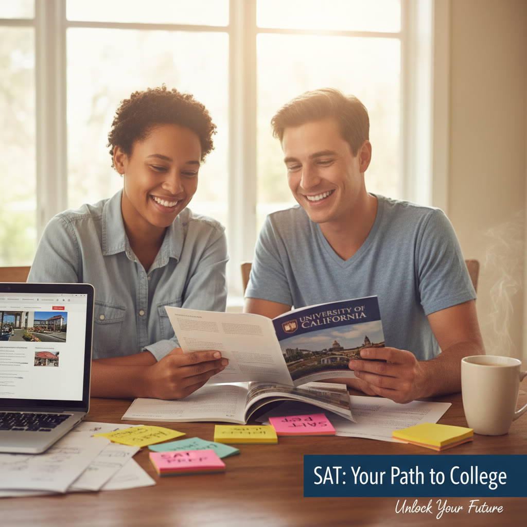 Photo Idea : A bright, candid photo of a high school student and a parent reviewing a college brochure and laptop together at a kitchen table with notes and a cup of coffee — warm, focused, hopeful.