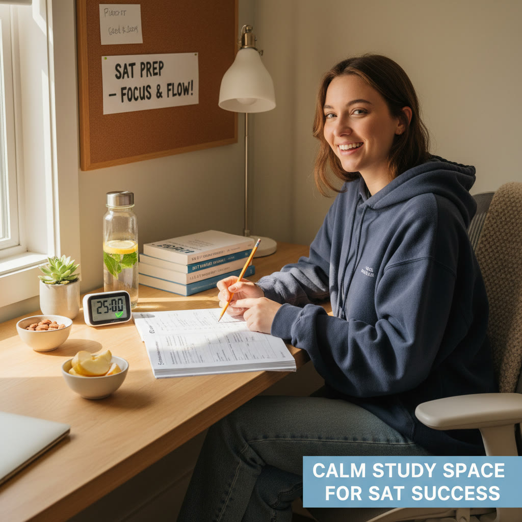 Calm study space with a timer, practice test, and a water bottle, suggesting focus and balance