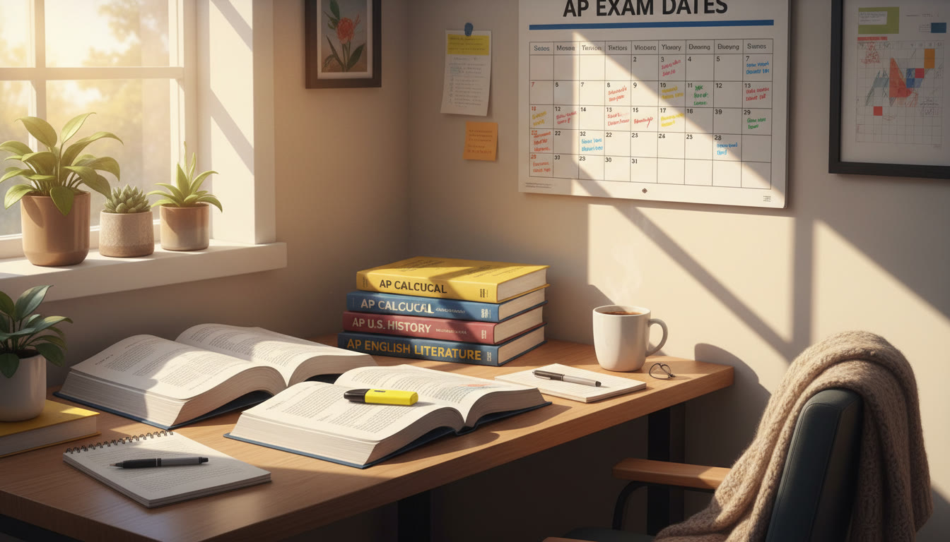 Photo Idea : A light-filled study corner with a calendar, open AP books, and a highlighter — conveys planning, calm, and intentional study. Suggested placement: near the start of the article to set the planning tone.