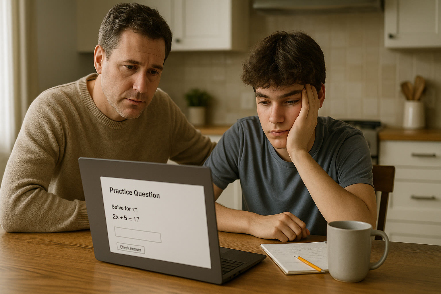 Photo Idea : A parent and teen sitting together at the kitchen table with a laptop open to a practice question. The parent looks concerned but calm while the teen rests their head on their hand, conveying quiet exhaustion.