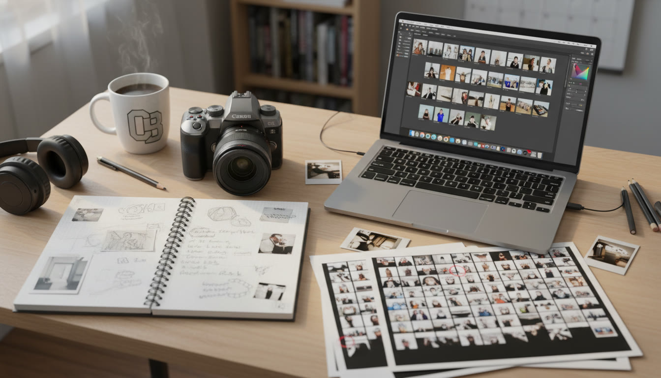 Photo Idea : A top-down shot of a student’s workspace—camera, sketchbook, laptop with editing software open, and printed contact sheets—evoking a working, process-oriented portfolio.