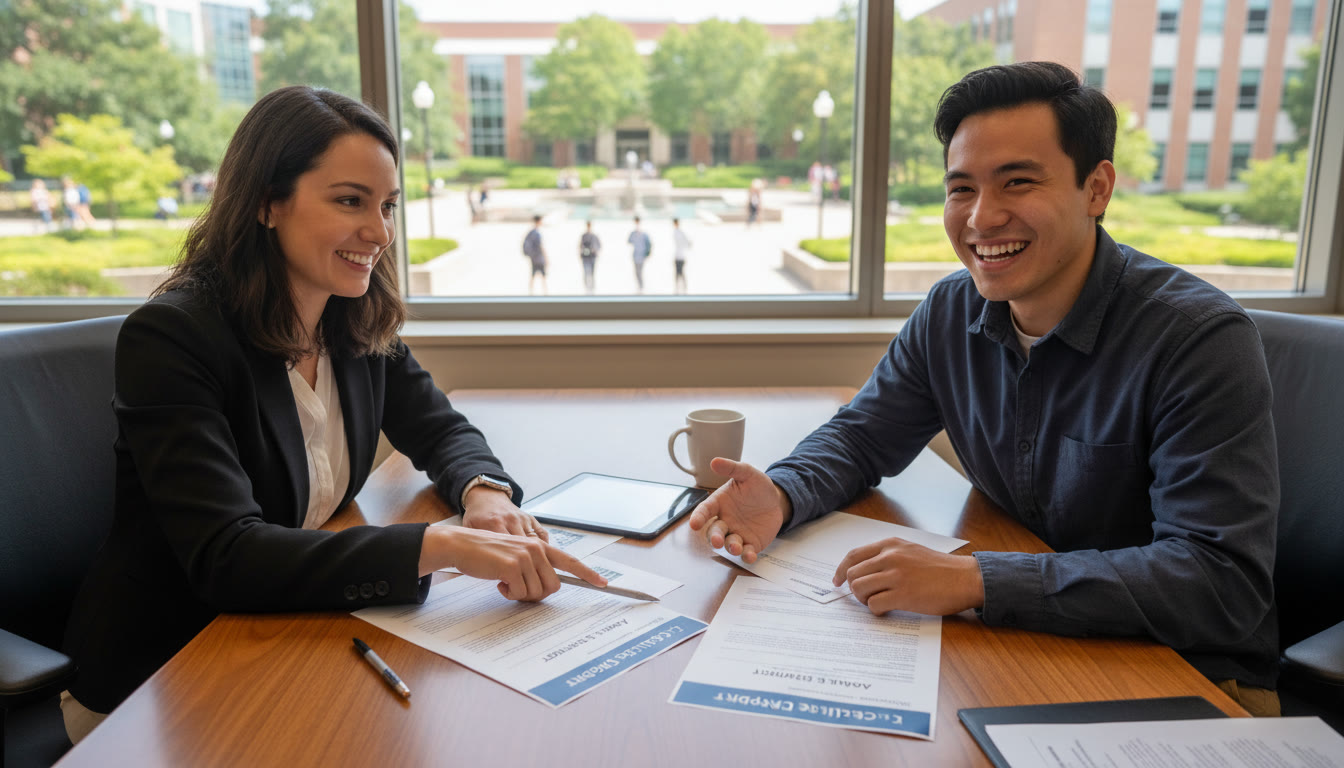 Photo Idea : An admissions counselor and an international student going over a transcript and AP report together at a table—friendly interaction, papers neatly laid out.