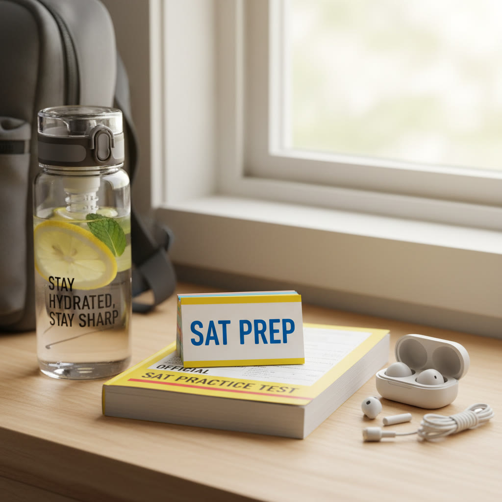 Photo idea: A close-up of a small study kit laid out: flashcards, a paperback SAT practice section, a water bottle, and earbuds—ready for travel or a short study window.
