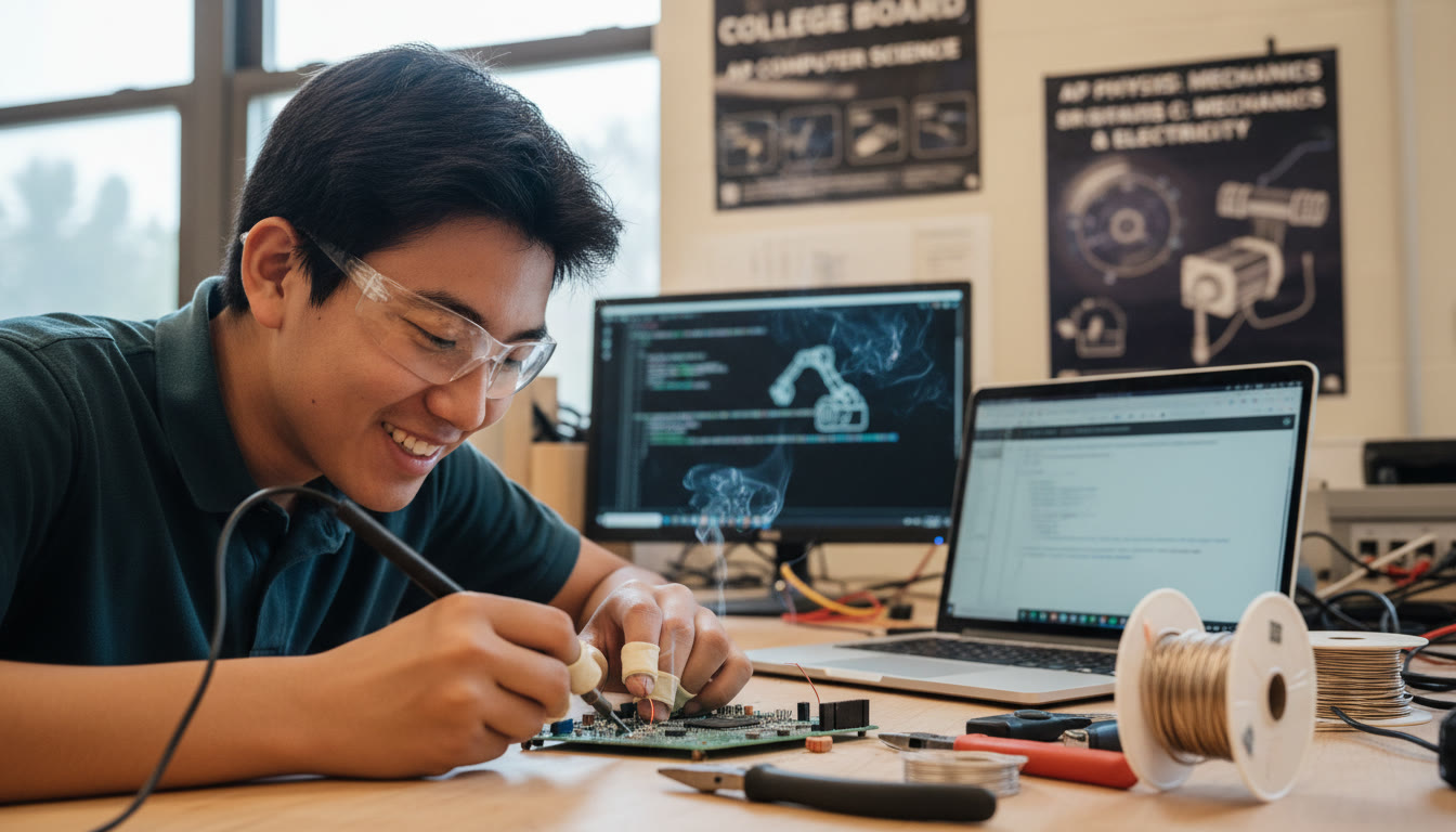 Photo Idea : A focused high school student soldering a small circuit on a workbench, with a laptop showing code in the background — captures the mechanical and software sides of mechatronics.