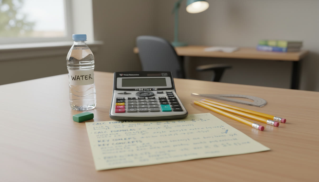 Photo Idea : Close-up of a neat exam kit laid out on a table — calculator, pencils, labeled small bottle (water), and a concise handwritten cheat-sheet summary (permitted to self-review) — calm and organized.