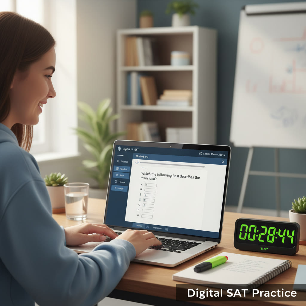 Photo Idea : Close-up of a student taking a practice Digital SAT on a laptop, with the test navigation interface visible on the screen and a timer on the desk—conveys adaptive test practice and realism.