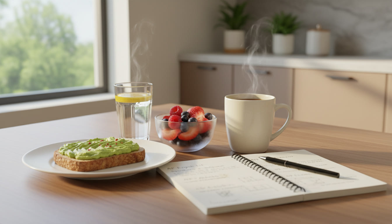 Photo Idea : A bright, inviting breakfast spread on a kitchen table: whole-grain toast with avocado, a small bowl of mixed berries, a glass of water, and a notebook with AP notes beside a steaming mug.