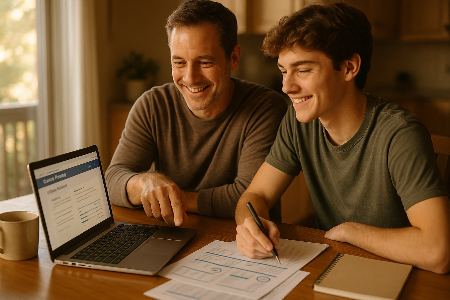 Photo Idea : A bright, warm photo of a parent and teen at a kitchen table, laptop open, reviewing college planning materials and smiling together. Natural lighting, relaxed posture, paper score reports and a pen on the table.
