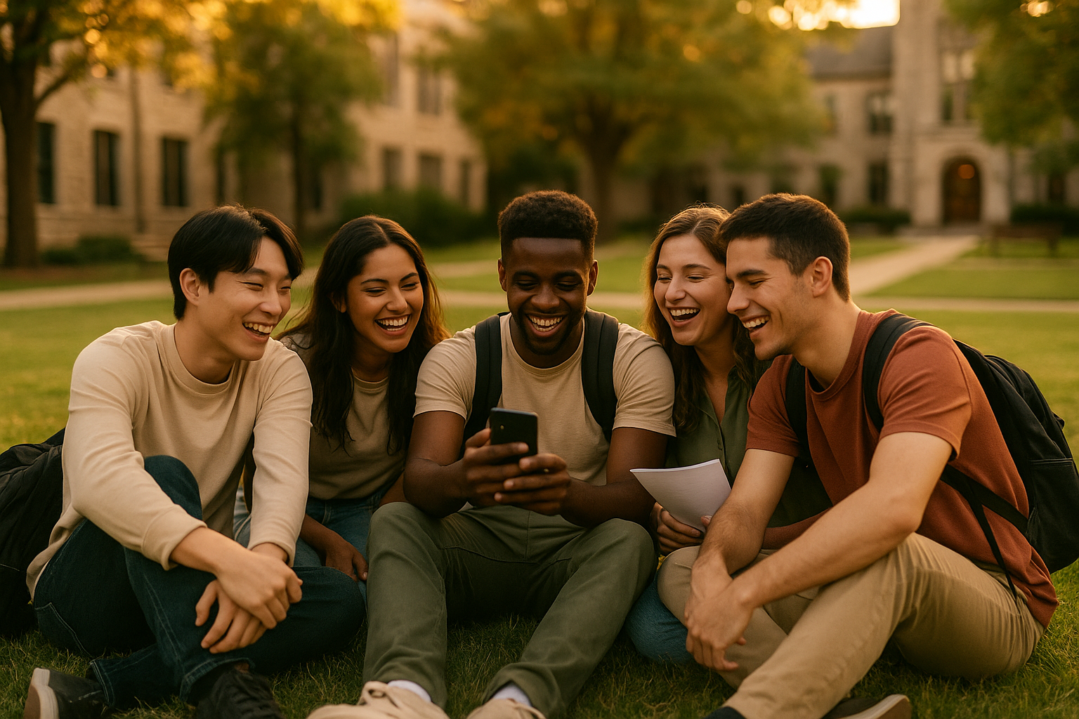 Photo Idea : A warm, aspirational photo of a small group of international students on a campus quad, laughing and looking at a smartphone together — suggests community, success, and belonging.