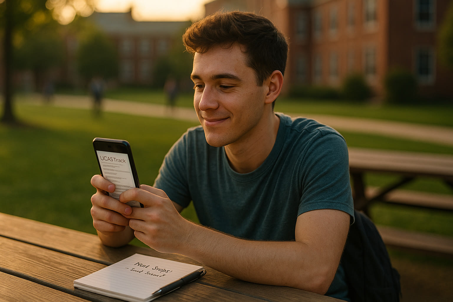 Photo Idea : A candid shot of a student in a campus-like environment reading their UCAS Track on a phone, with a notepad labeled “Next Steps: Send Score?” nearby. The mood should be optimistic and forward-looking.