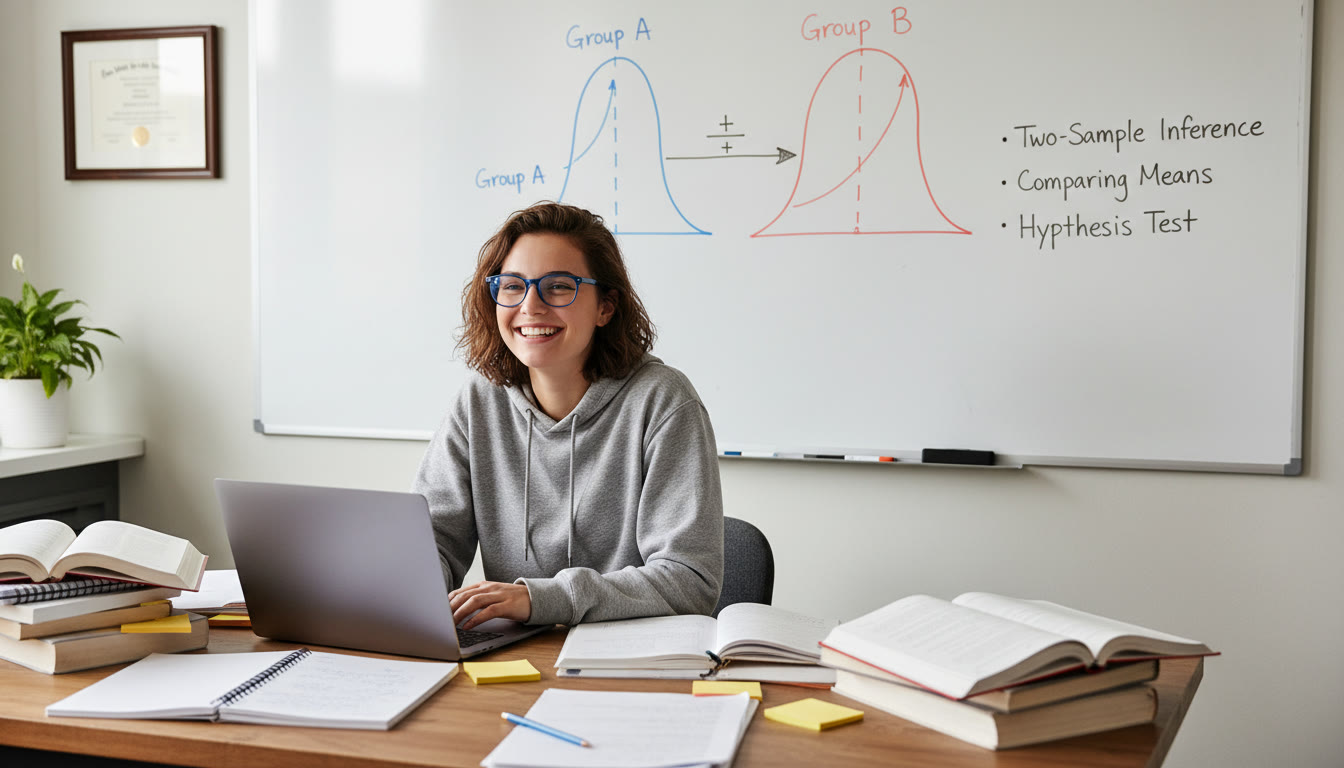 Photo Idea : A student at a desk surrounded by notes and a laptop, a whiteboard behind them showing two bell curves labeled Group A and Group B — this visually introduces two-sample inference and the idea of comparing means.