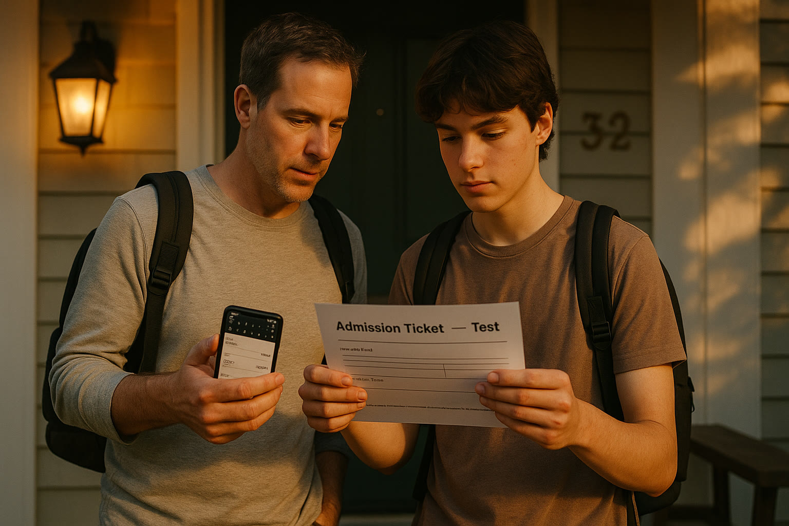 Photo Idea : A warm early-morning scene of a parent and teen at a front door with backpacks, checking a printed test admission ticket while the parent holds a smartphone with calendar reminders visible.