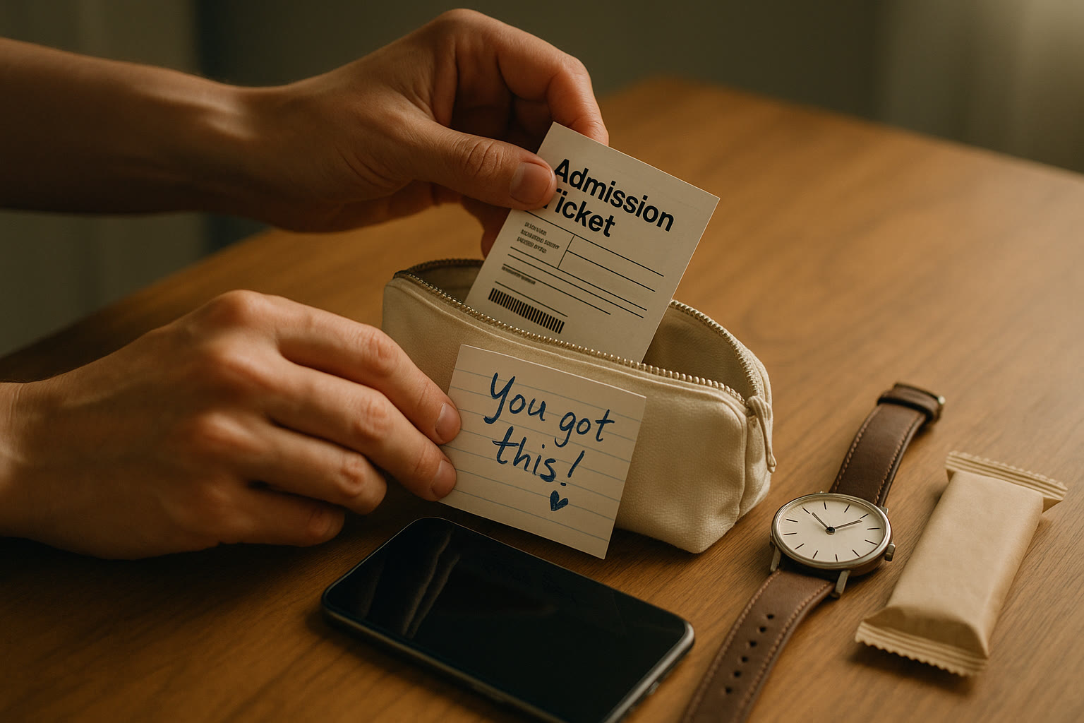Photo Idea : A close-up of hands packing a small test-day kit on a table — admission ticket, phone (turned off), wristwatch, snack, and a handwritten encouragement note; the scene conveys calm readiness and care.