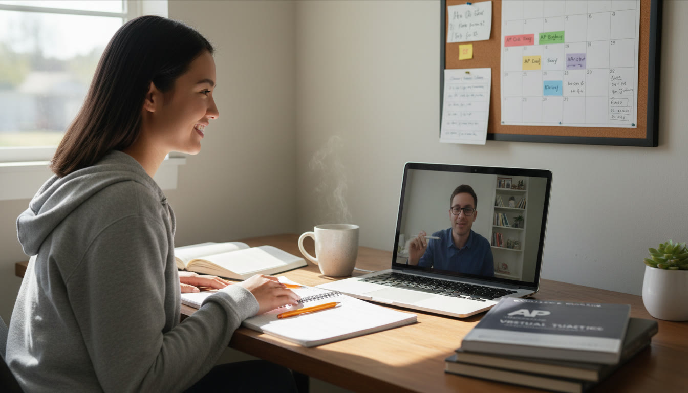 Photo Idea : A calm study scene showing a student at a desk with a laptop and notes, smiling at the screen as if in a virtual tutoring session. Include elements like a calendar with study blocks and a cup of tea — visual cues of steady, supported preparation.