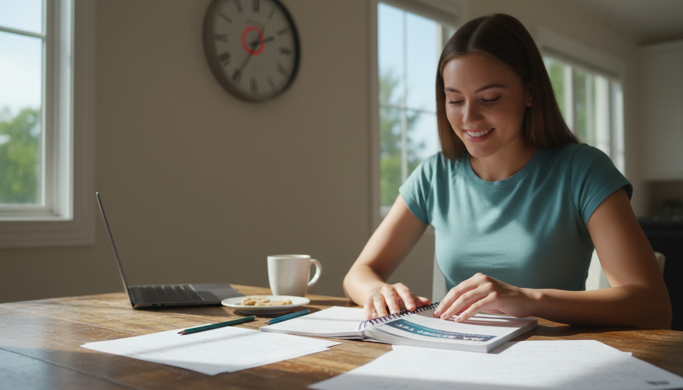 Photo Idea : A calm scene of a student closing a practice test booklet at a kitchen table, clock visible in the background, illustrating the end of a timed practice session and a quiet, victorious pause.