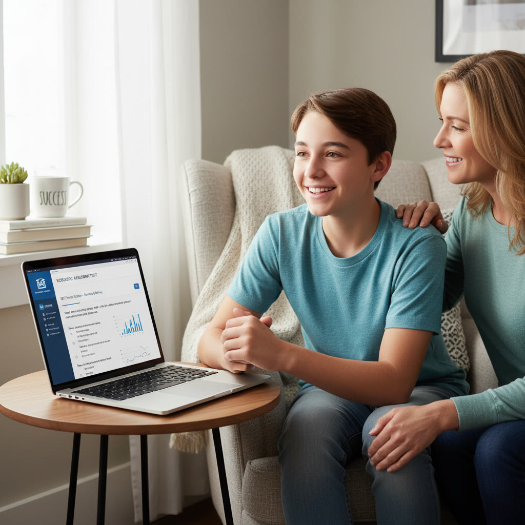 Photo Idea : A focused high school student in a cozy study nook, laptop open with a practice section of the Bluebook app visible on screen, a parent nearby with a supportive smile.