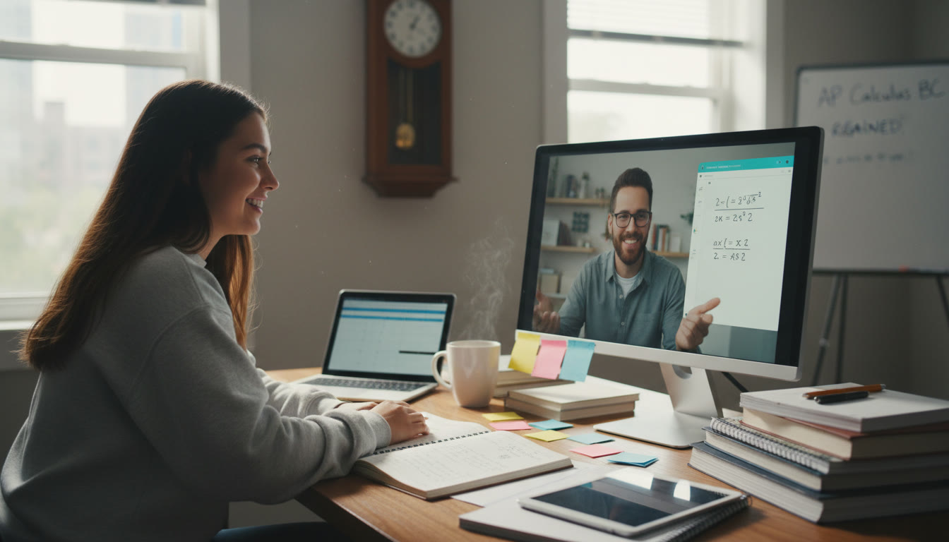 Photo Idea : A calm study scene with a student and a tutor on a video call, notes spread out, and a gentle clock in the background — to illustrate personalized tutoring and recovering momentum after a missed exam.