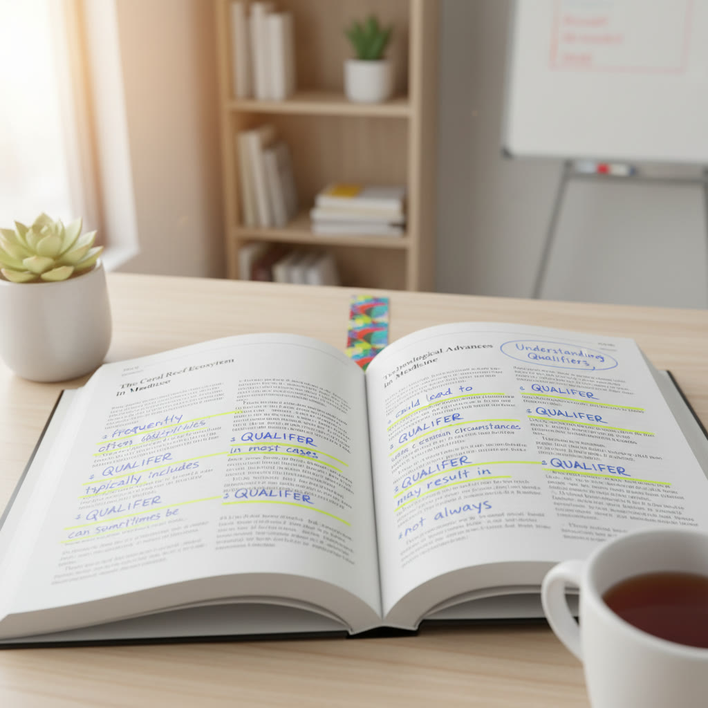 A simple close-up of a SAT practice book page showing two passages and underlined qualifiers—suggested image to accompany the qualifiers section.