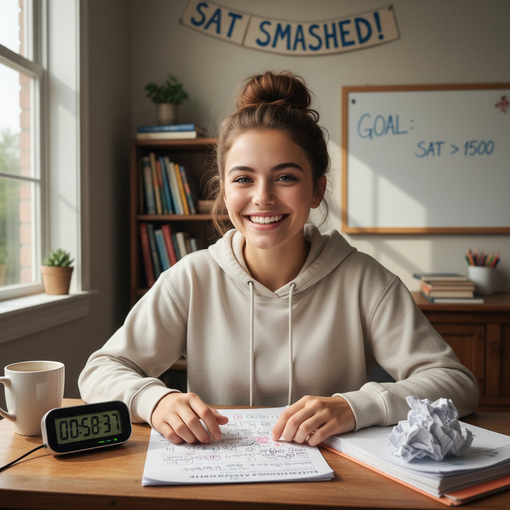 Photo idea: Student at a desk with a timer, scratch paper, and a marked-up SAT practice page—hands poised and focused.