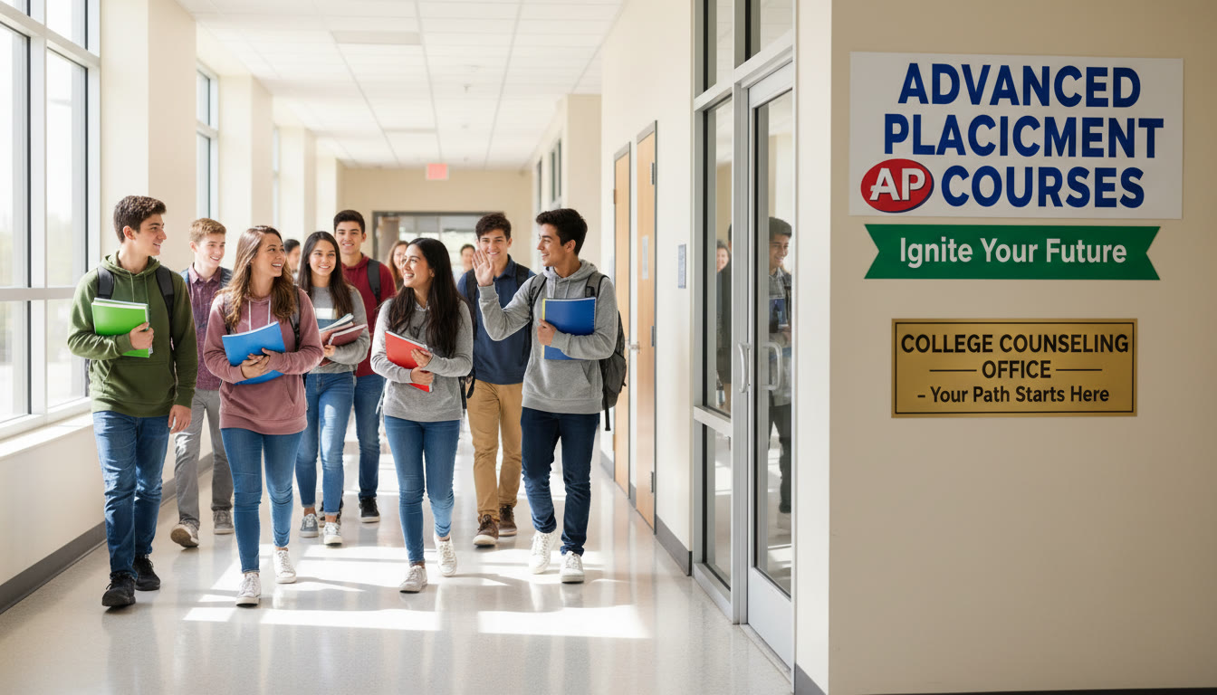 Photo Idea : A vibrant high-school hallway scene showing diverse students walking past an AP class sign and a college counseling office   captures access and aspiration.
