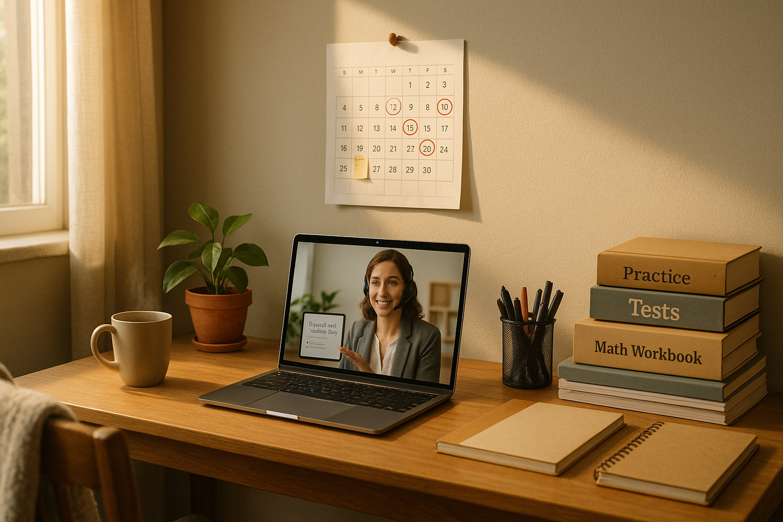 Photo Idea : A cozy study corner with a calendar pinned to the wall showing test dates circled, practice books stacked neatly, and a laptop with a virtual tutor on screen to suggest personalized coaching.