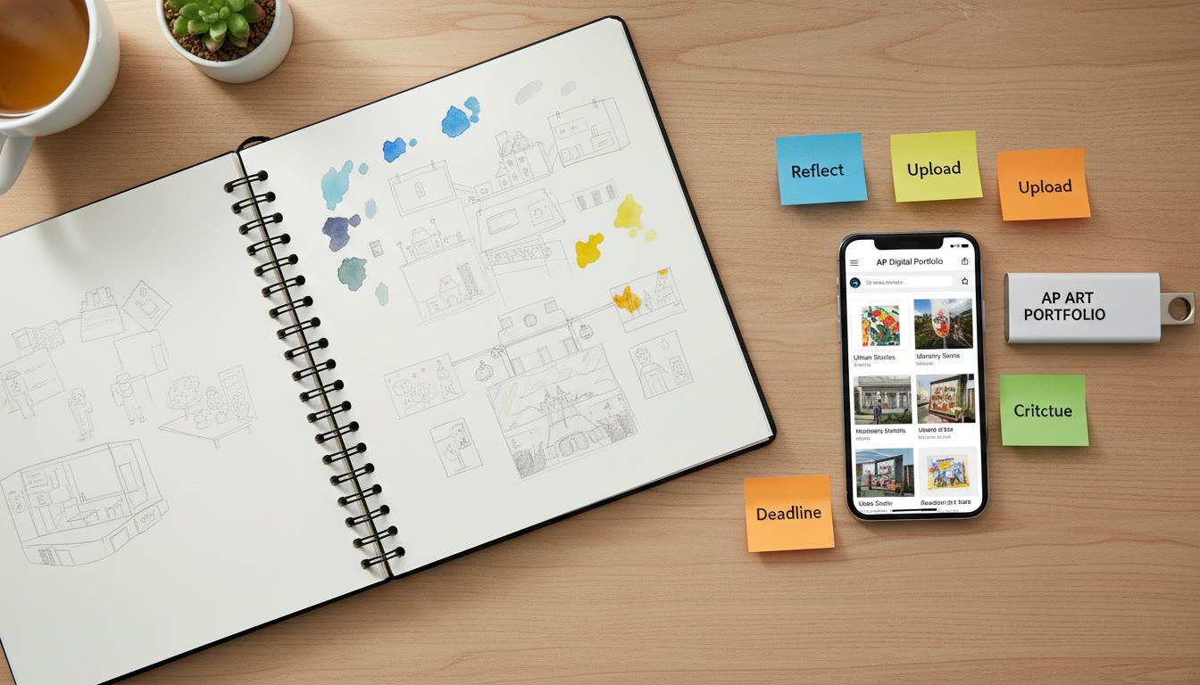 Photo Idea : Overhead shot of a tidy workspace—sketchbooks, labeled USB drive, phone with AP Digital Portfolio open, sticky notes with color-coded tags. Conveys organization and calm.