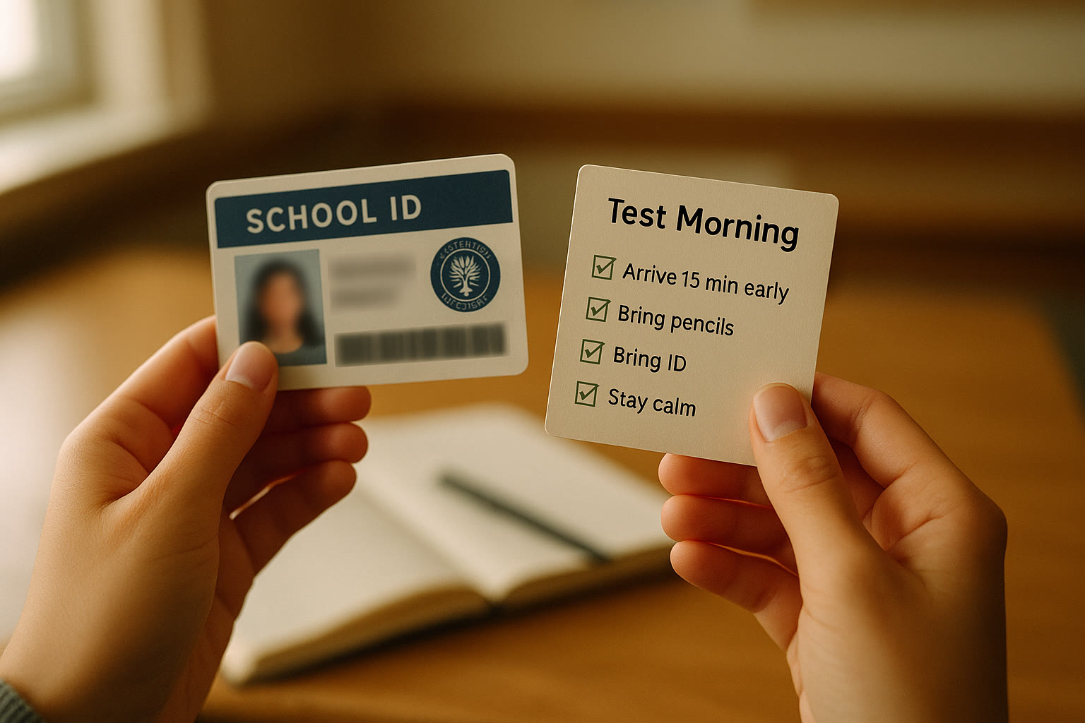 Photo Idea : Close-up of a student’s hands holding an ID and a small checklist card titled 