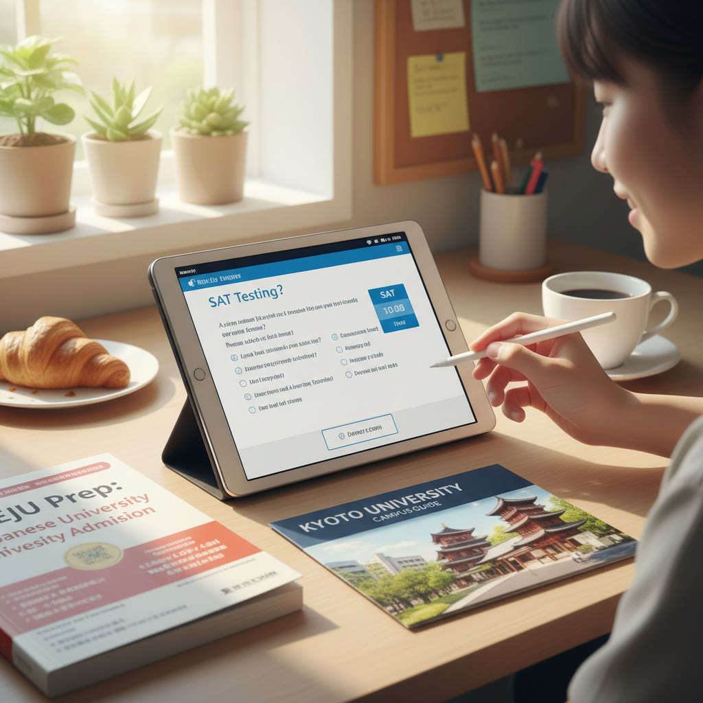 Photo Idea : Close-up of a student’s desk with a Digital SAT testing interface on a tablet, an EJU prep book beside it, and a Kyoto University campus guide brochure—suggesting the blend of tests and international ambition.