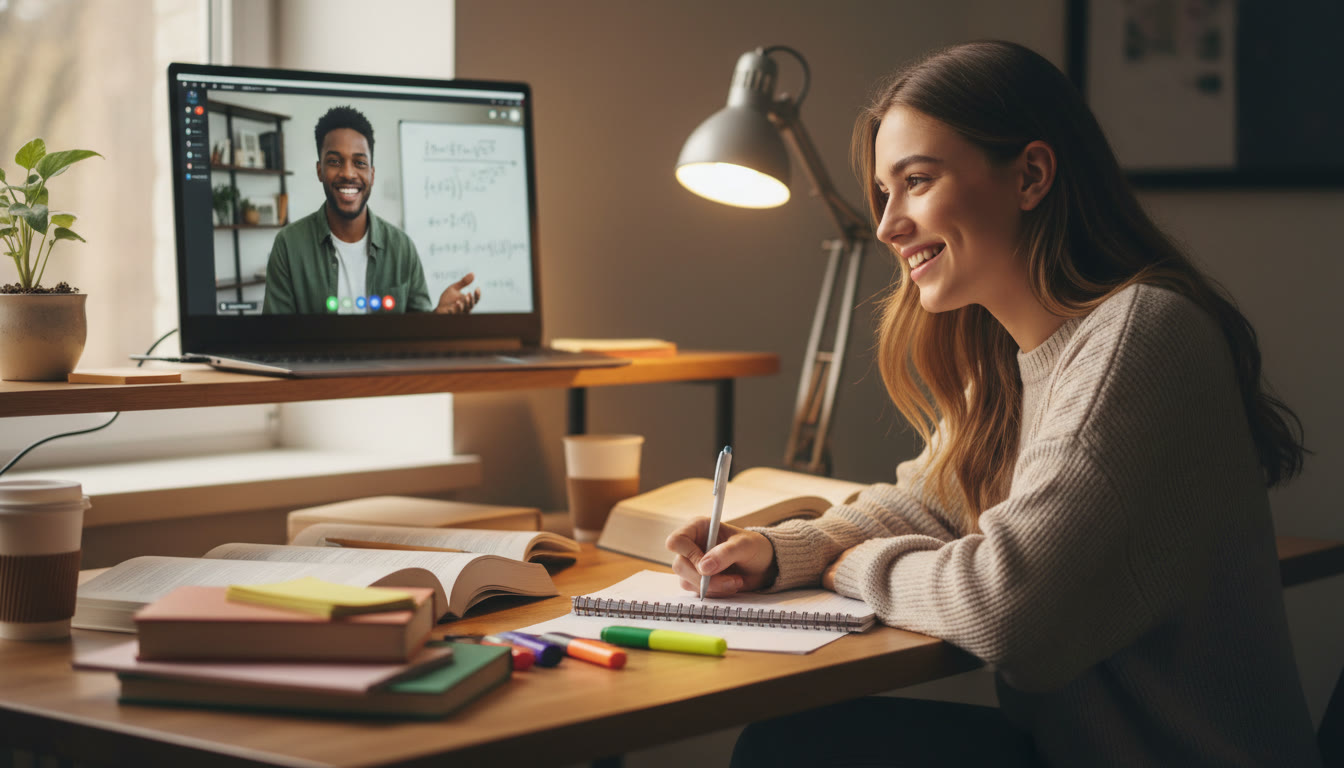 Photo Idea : A student mid-study with a tutor on a laptop screen in the background—shows real-time guidance and human connection. Warm lighting, candid composition to suggest approachability and support.
