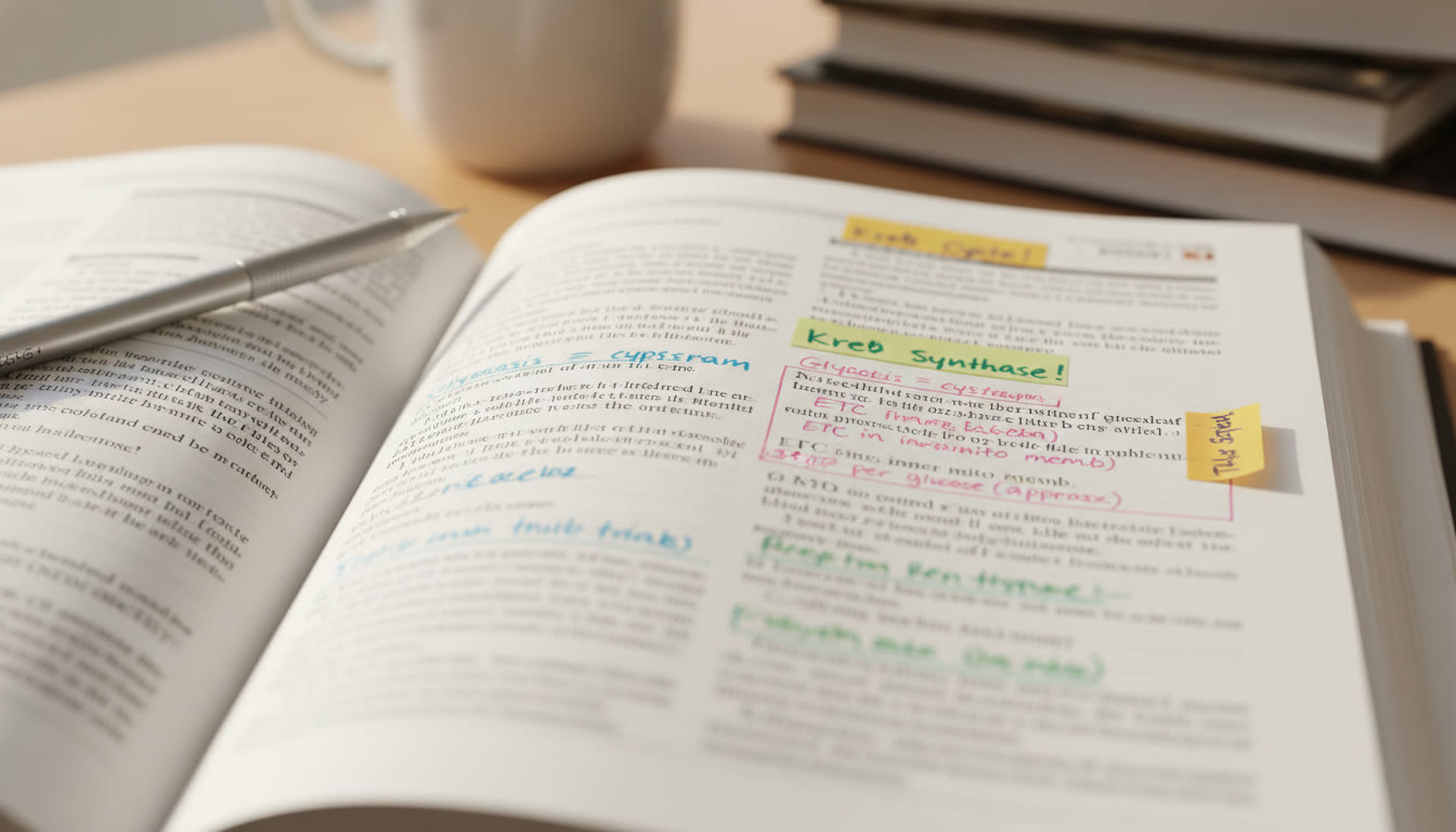Photo Idea : Close-up of a textbook page with neat, color-coded margin notes, sticky tabs, and a mechanical pencil—warm natural light, focused on legible handwriting to evoke calm and competence.