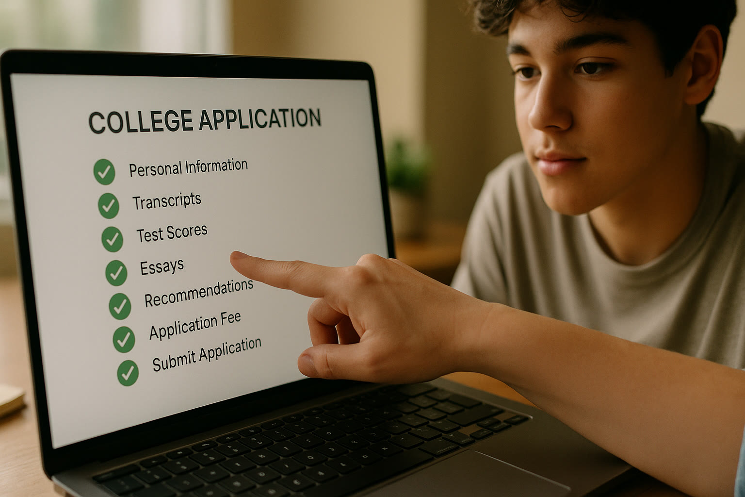 Photo Idea : Close-up of a laptop screen showing a college application portal checklist with green checkmarks, with a parent’s hand pointing at the screen and a teen listening — soft focus background, natural interaction.