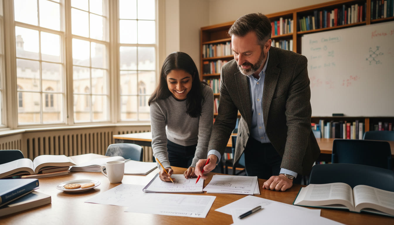 Photo Idea : A lively classroom in the UK with an AP student and a teacher discussing a practice exam paper — warm lighting, annotated notes, and a cup of tea on the table to suggest a comfortable, focused study environment.