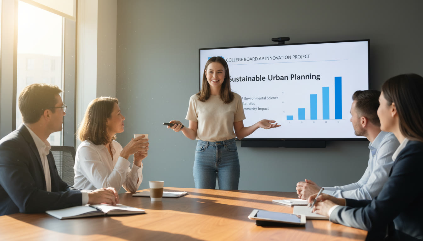 Photo Idea : A close-up of a student presenting a project slide to a small team in a company meeting room—conveys confidence, communication, and the bridge from AP learning to workplace impact.