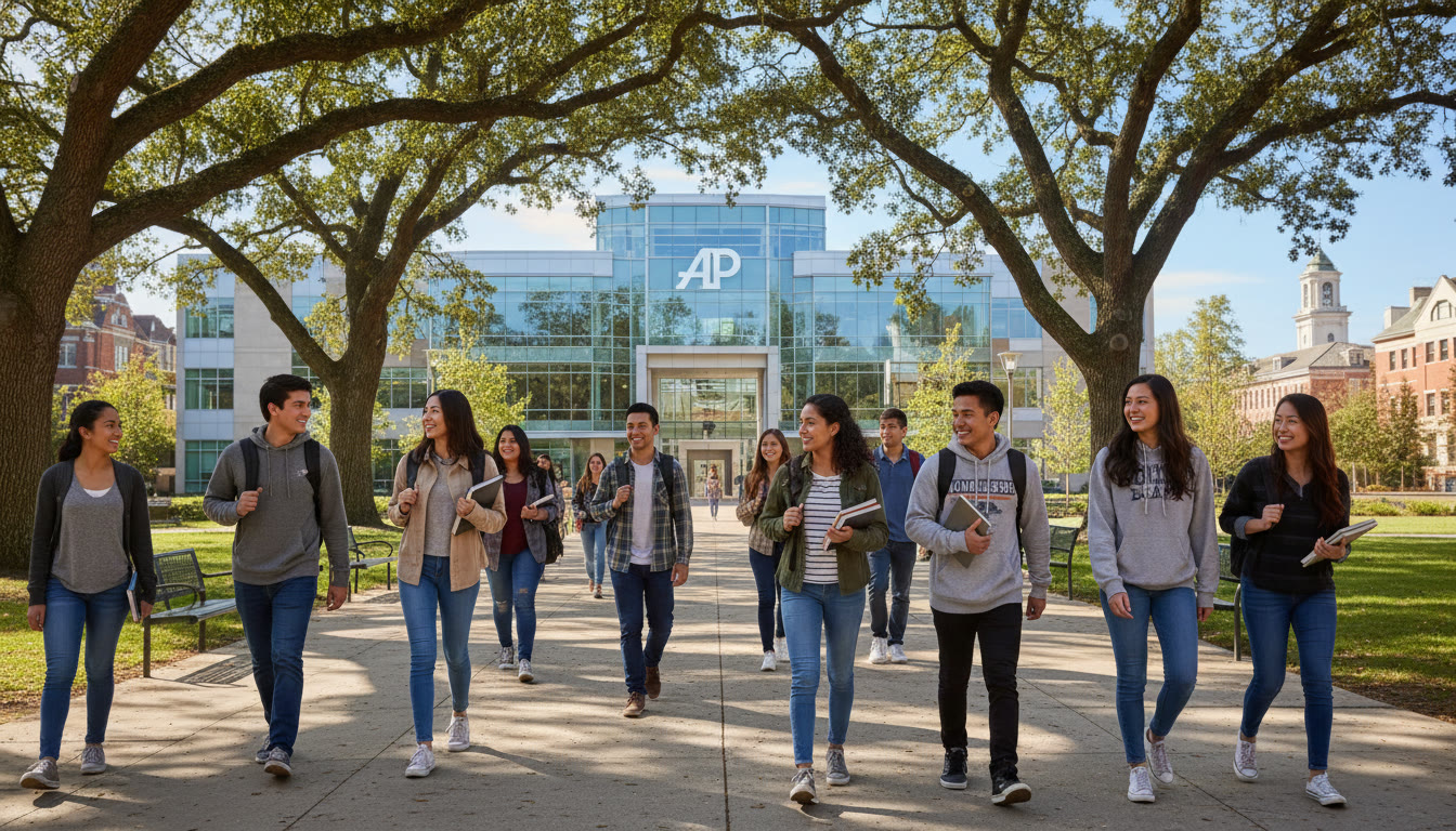 Photo Idea : A sunlit college quad with students walking toward a modern engineering building—conveys ambition, campus life, and the destination students are preparing for.